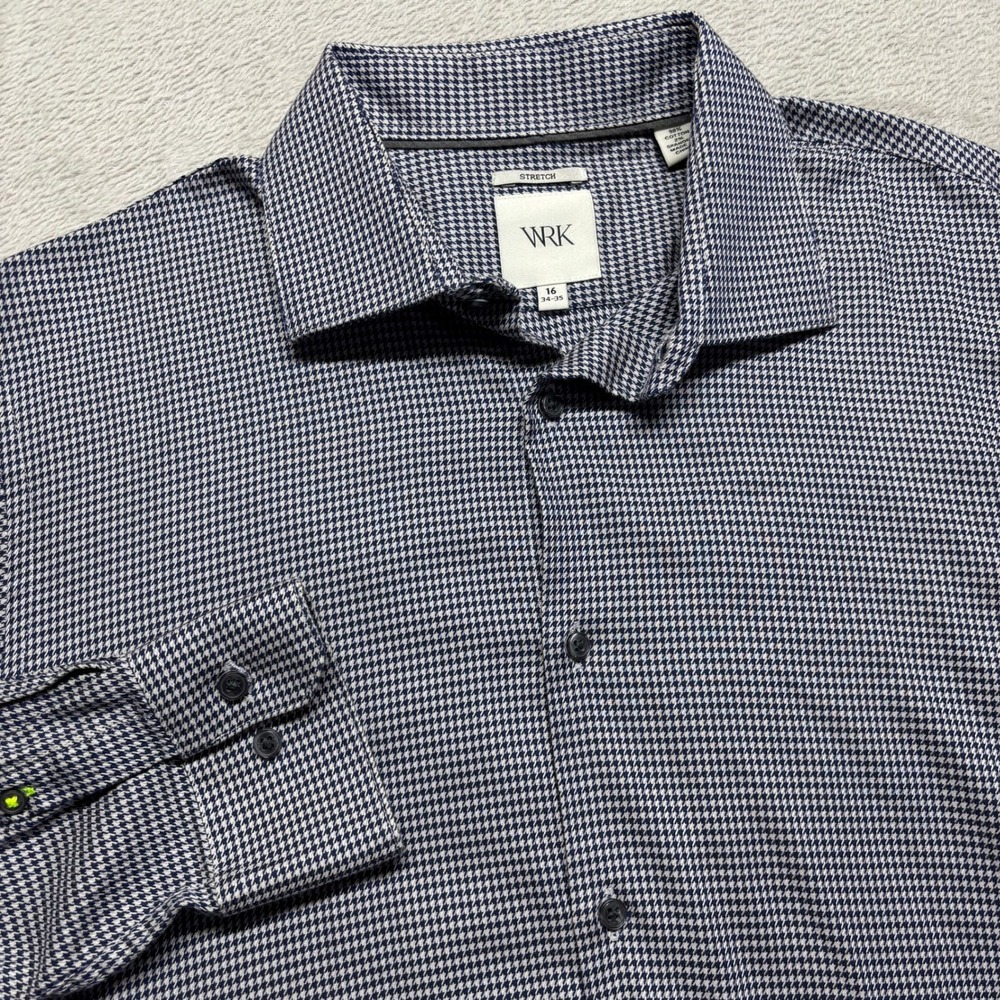 WRK Houndstooth Stretch Dress Shirt Mens 16 34-35 Button Down Blue/White/Black